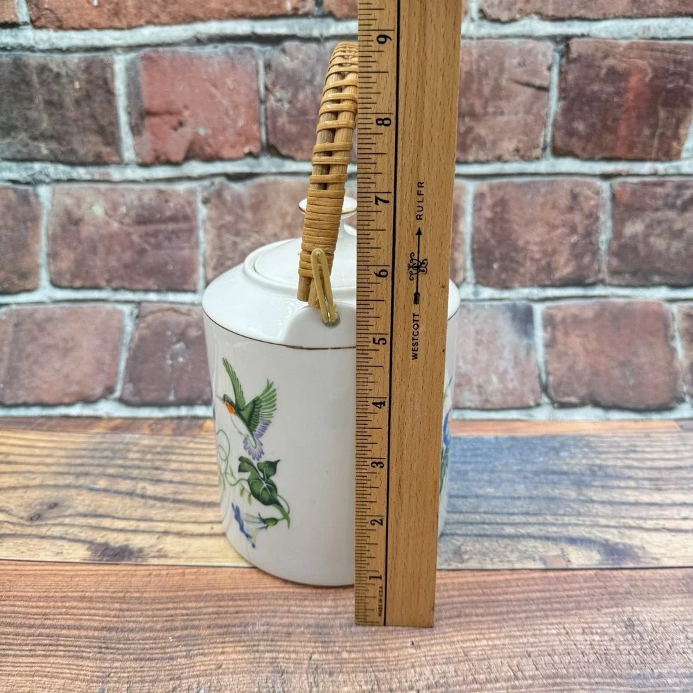 Vintage Tea‎ Pot Japan Morning Glory Hummingbird Bird Bamboo Handle Gold Trim
